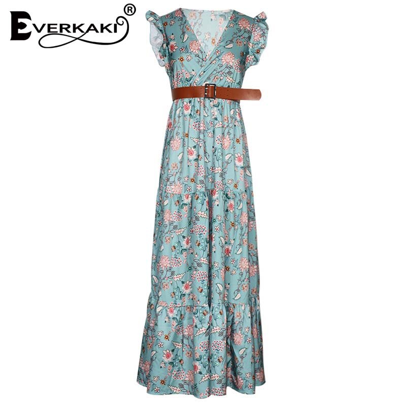 Everkaki Boho Bloemenprint Maxi Jurk Met Riem Vrou Grandado