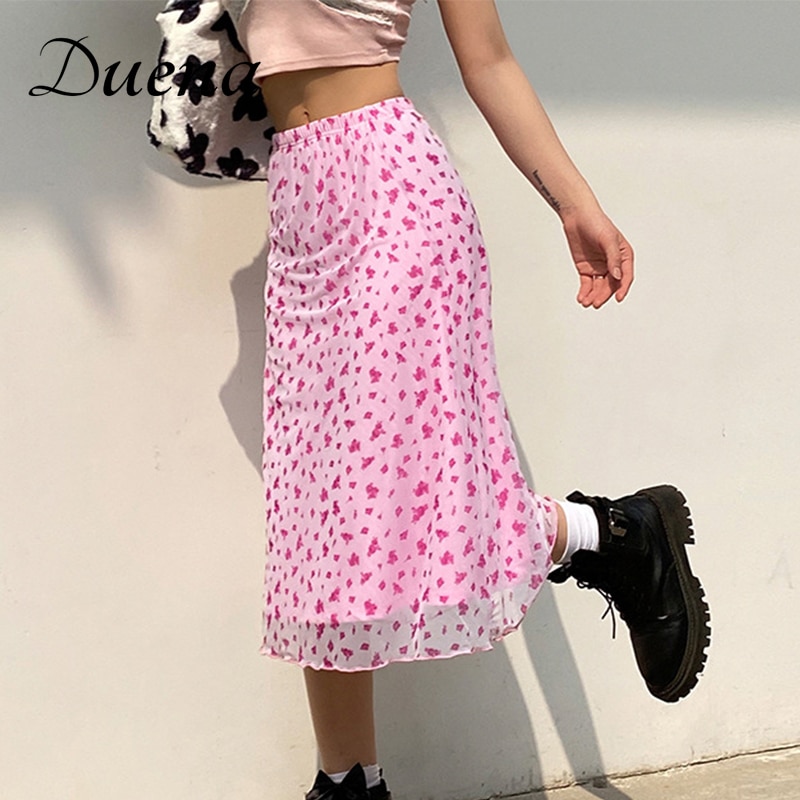 Duena Midi Rok Roze Bloemenprint Vrouwen Kleding M Grandado