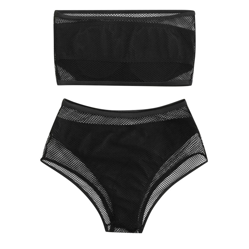 Mesh Hoge Taille Bikini Off Shoulder Black Badpak Grandado