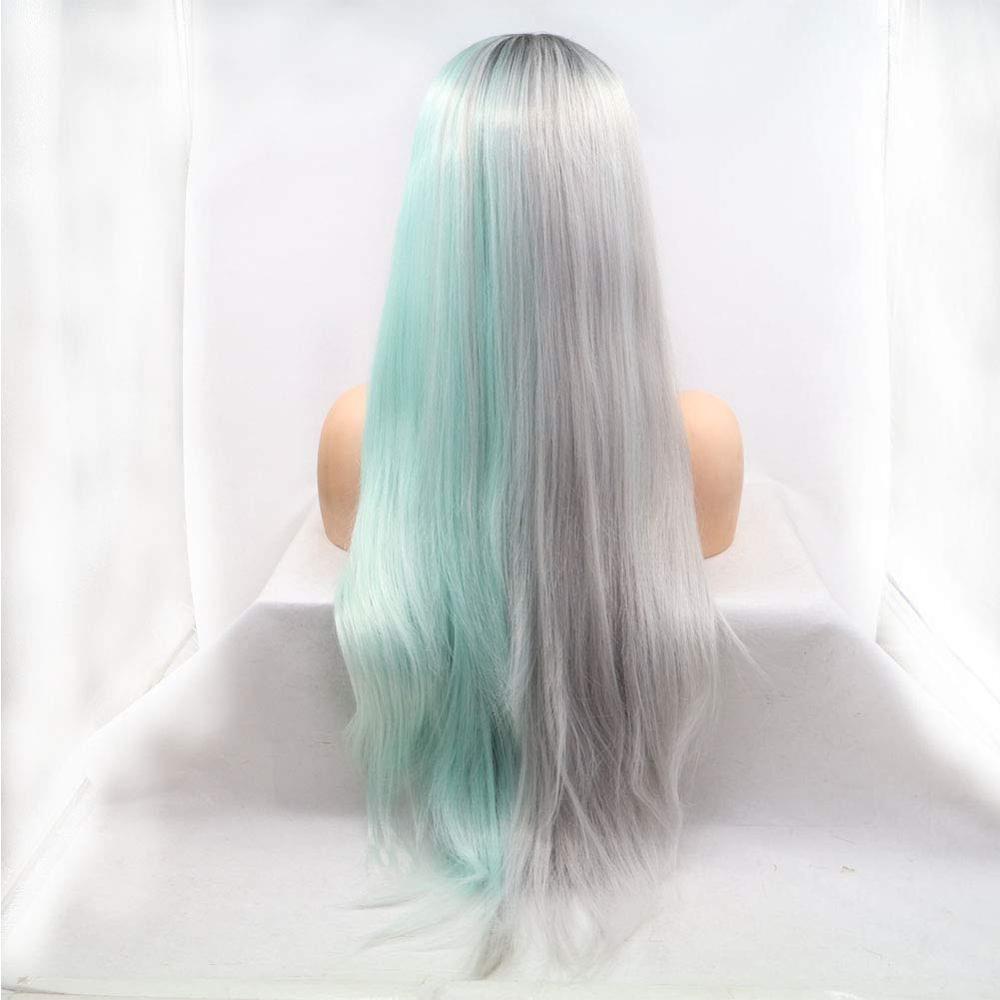 Halv grå halvblå blonde front parykker lange lige Grandado