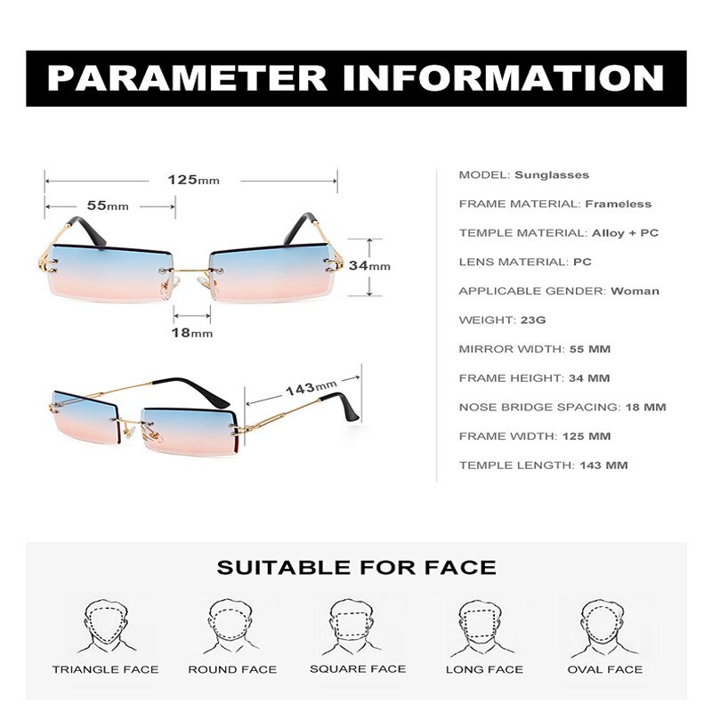 Randlose Sonnenbrille Rechteck Beliebte Frauen M N Grandado