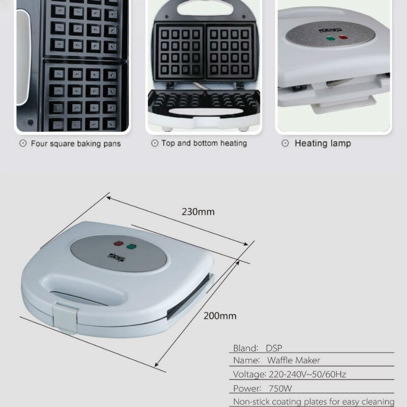 750W Elektrische Wafels Maker Ijzer Sandwich Maker Grandado