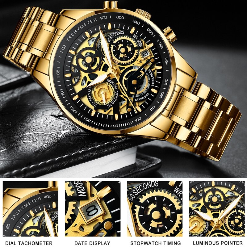 NIBOSI Herren Uhren Chronograph Oben Luxus Wasserdicht Gold Quarzuhr