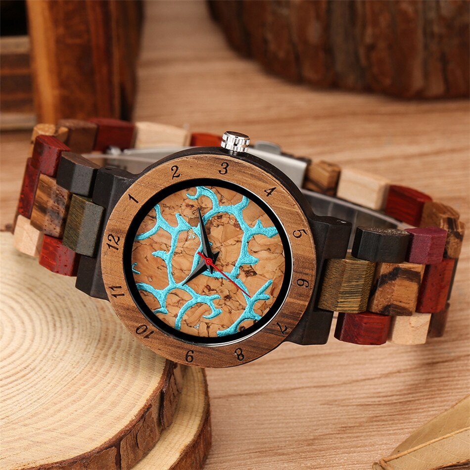 Volledige Hout Vrouwen Armband Horloge Blauw Lava Vicedeal