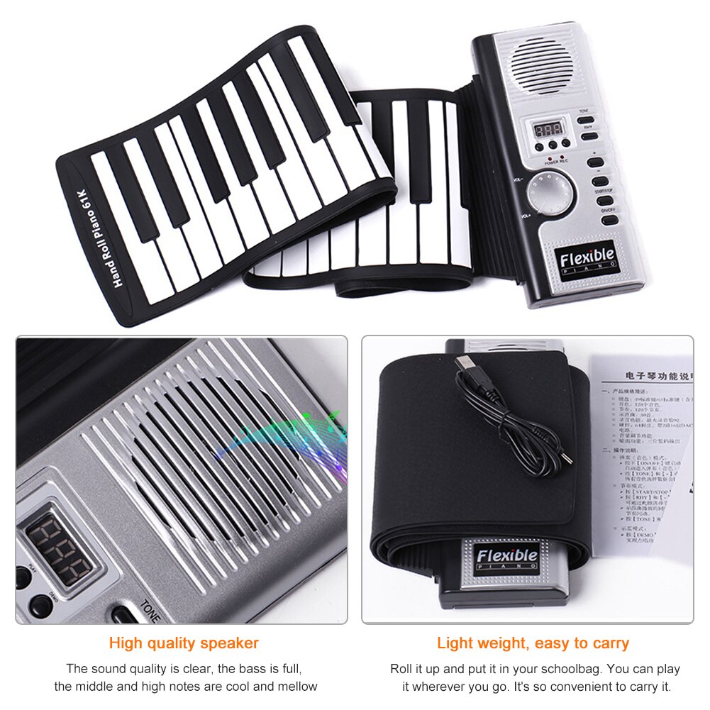 Roll Up MIDI Flexible Piano 61 Keys Silicone Portable Foldable Soft