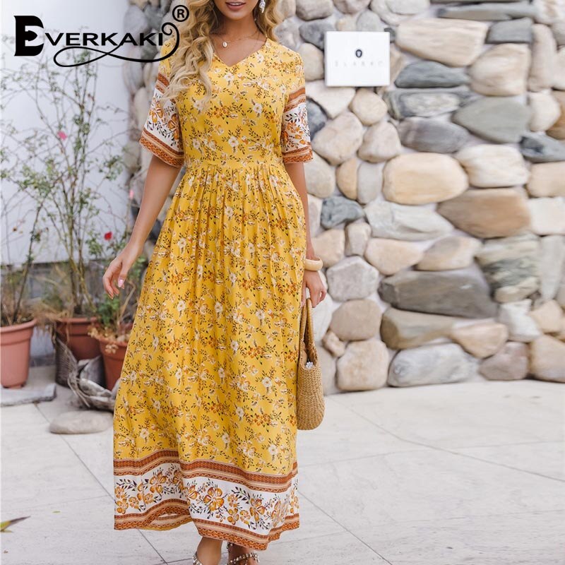 Everkaki Boho Bloemenprint Maxi Jurk Vrouwen Zomer Grandado