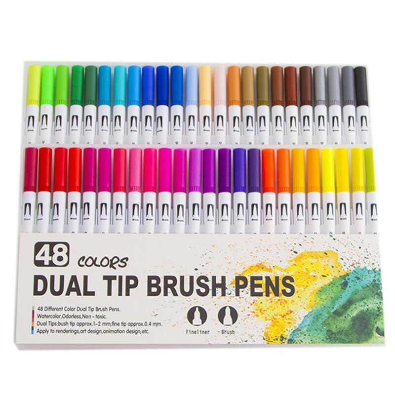 48 Kleuren Dual Tip Borstel Marker Pennen Fineline Grandado