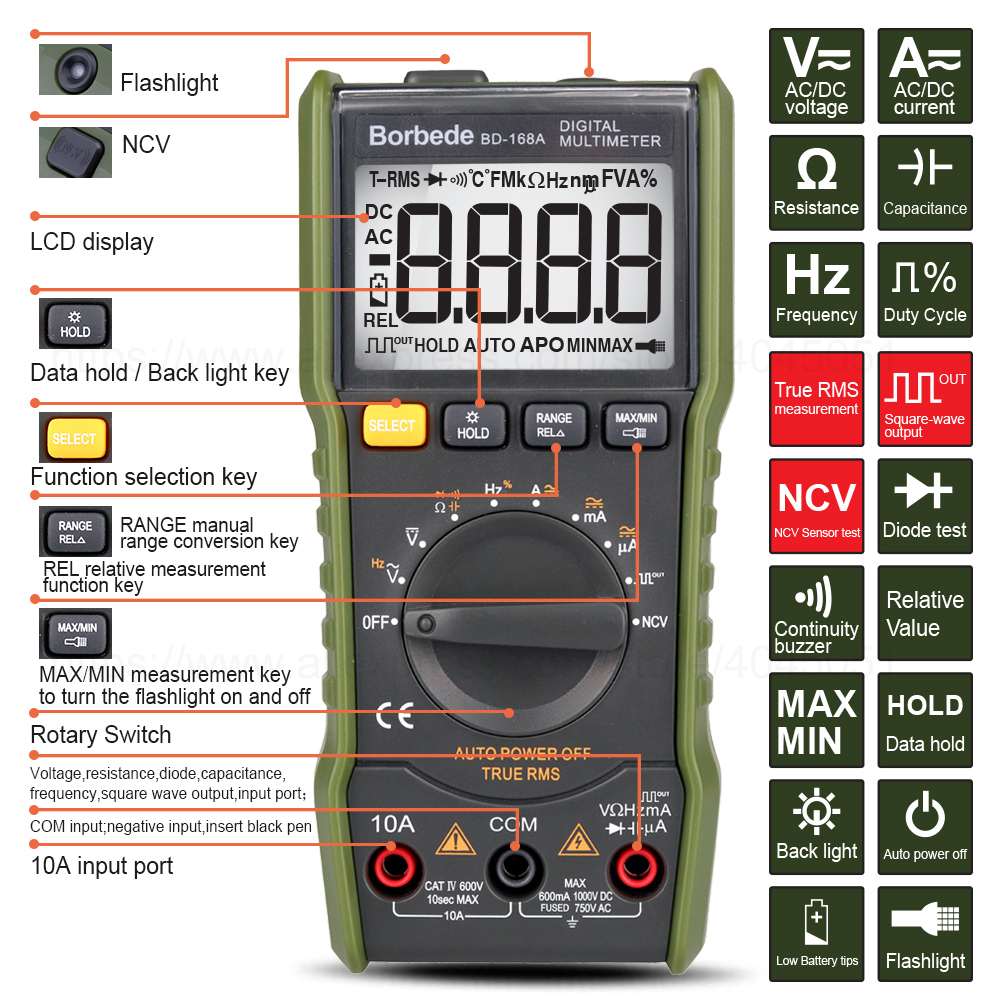 168A Digital Auto Range Portable Multimeter 6000 Counts LCD Display