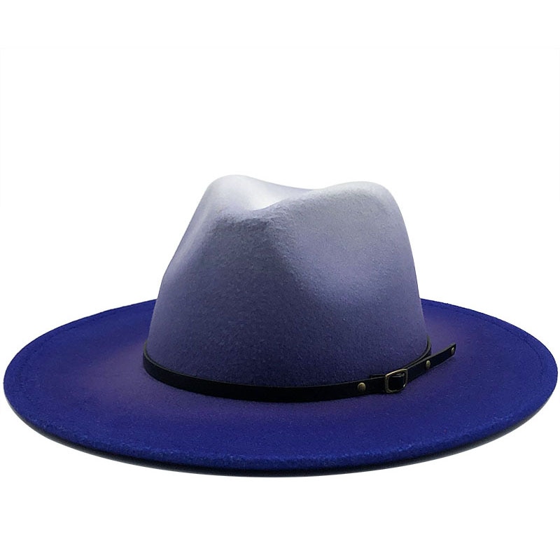 Sombrero Fedora de fieltro Trilby Vintage para hombre y mujer, de lana, con ala ancha, , azul real degradado, gorros de Jazz de invierno: Azul