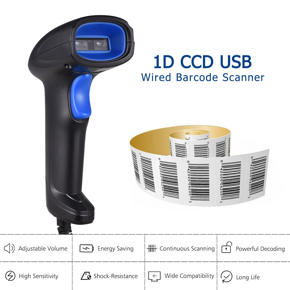 Aibecy lecteur de codes à barres CCD portatif lecteur de codes à barres 1D filaire USB automatique pour le balayage d'écran d'ordinateur de paiement Mobile