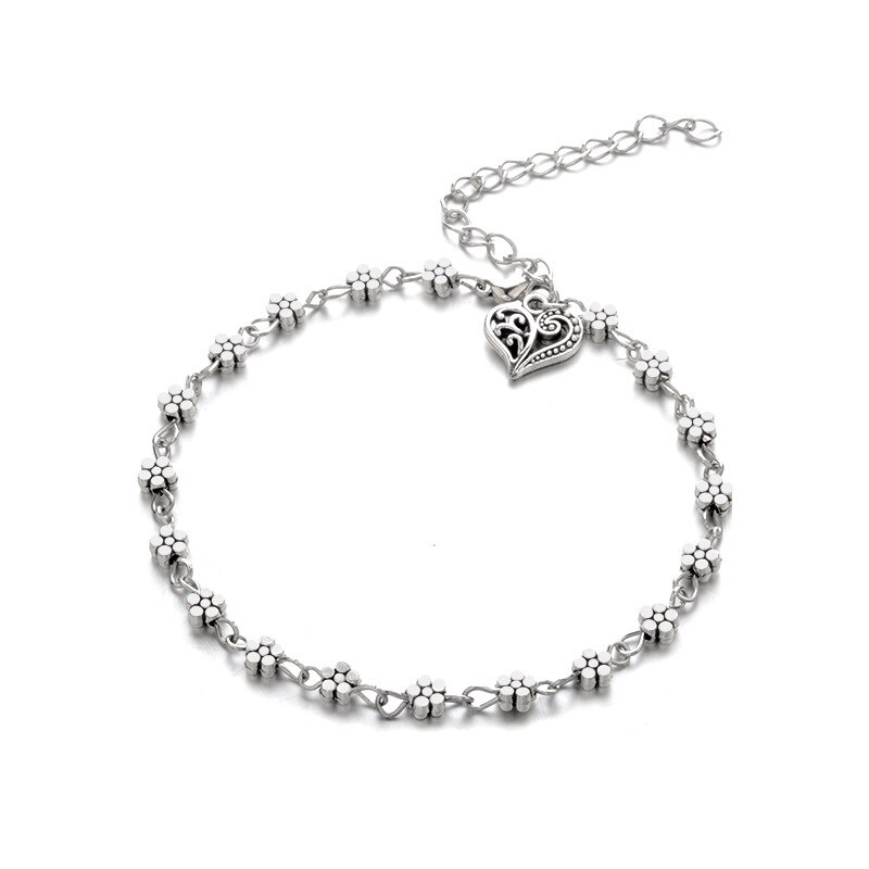 2 Pcs/set Trendy Anklet Silver Hollow Flower Carved Heart Double Layer Beach Ankle Bracelet Barefoot Anklets Bohemian Jewelry
