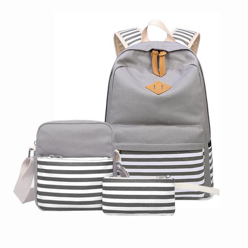3 pièces noir et blanc rayure vintage toile sac à dos fille cartable enfants sac à dos sacs d'école pour filles sac à bandoulière porte-crayon: grey