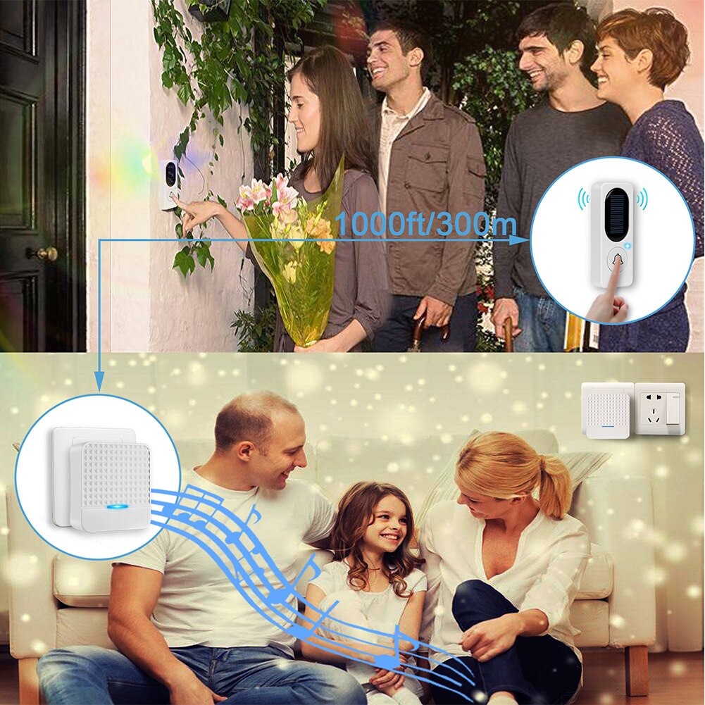 Timbre inalámbrico portátil para el hogar, luz LED resistente al agua, 52 tonos de llamada, volumen ajustable, ahorro de energía, para Hotel