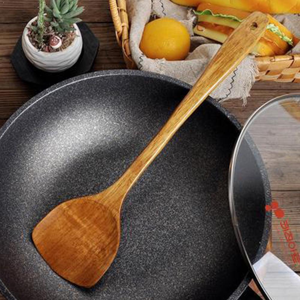 Køkkengrej køkkenredskaber non-stick hånd wok skovl madlavning træ ris håndtag spatel køkken scoop værktøj tilbehør lang  b5 v 4