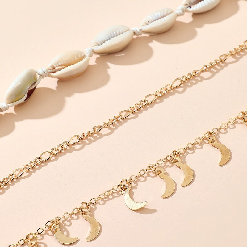 Tocona-tobilleras con Luna bohemias para mujer, conjunto de 3 unidades, concha de verano borla de cadena de pie, aleación de Metal, accesorios de joyería hechos a mano 14208