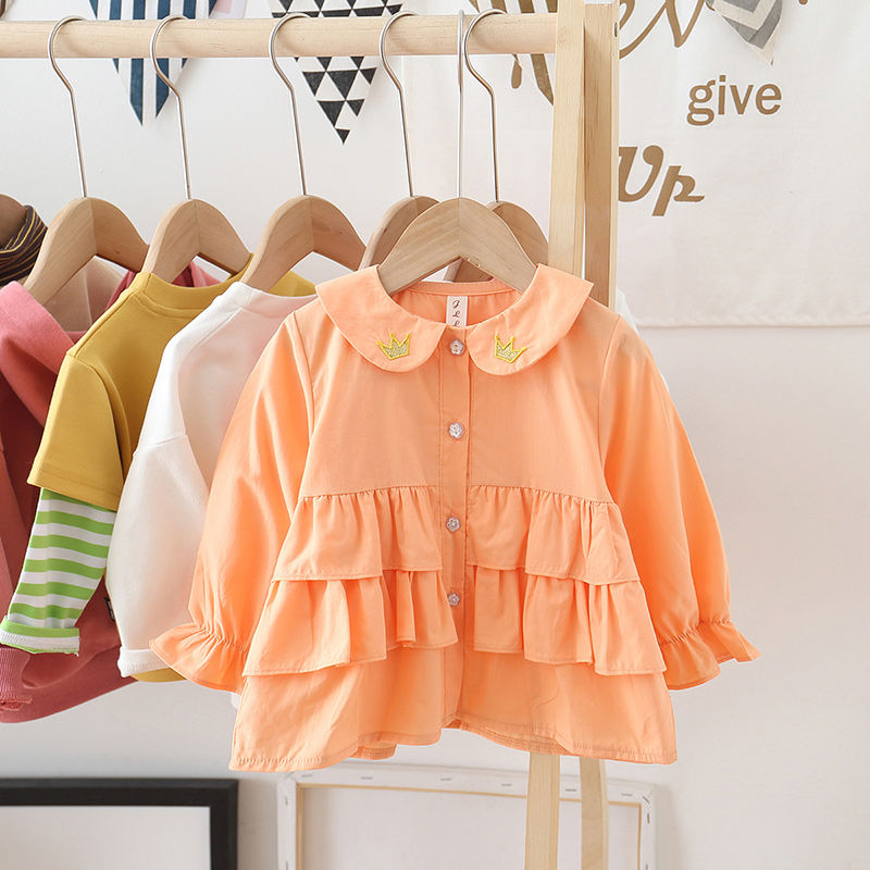 Shirt Spring Baby Girls Pure Color Cotton Blouse Lnfant Crown Pattern Embroidery Round Collar Cute Comfortable Full Sleeve: Orange / 90