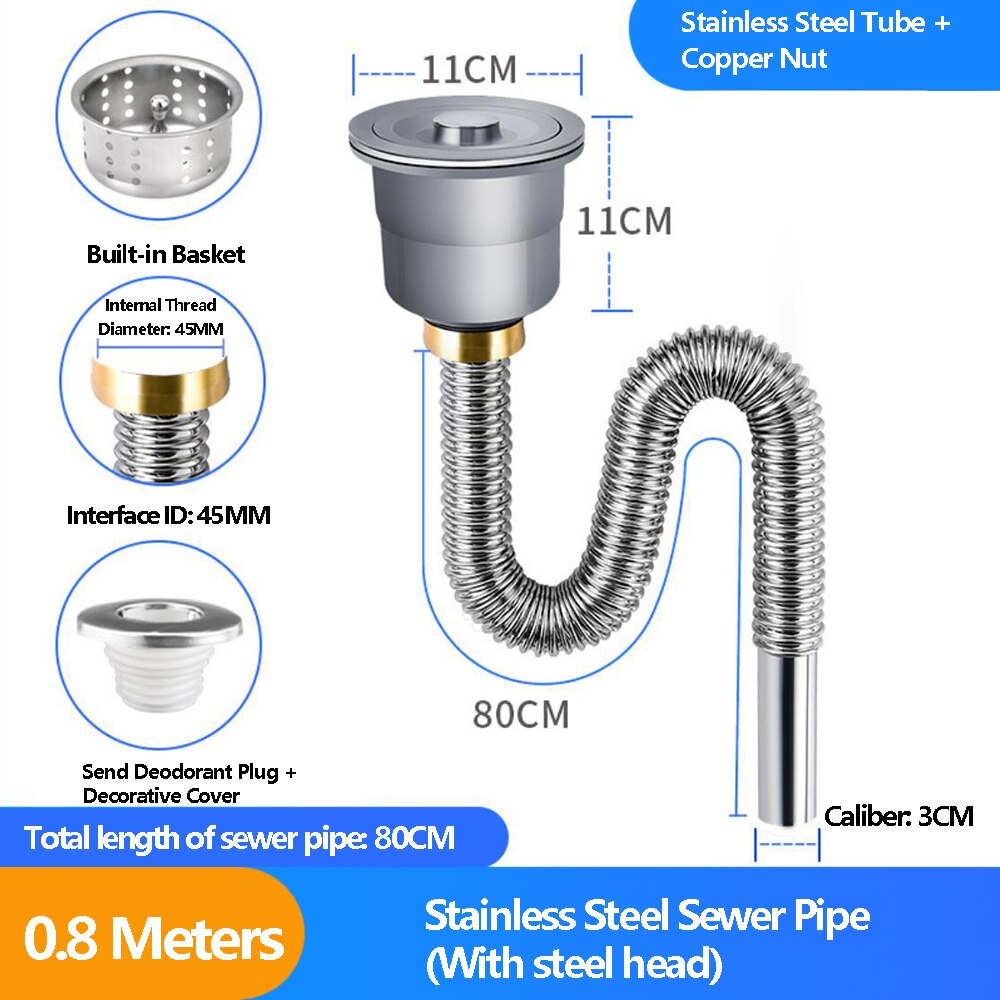 0.6M/0.8M/1M/1.3M Gootsteen Afvoer Slang Gootsteen Fittingen Afdruiprek Afvoer slang Rvs Vaatwasser Zwembad Enkele Tank: 0.8M-No hole H