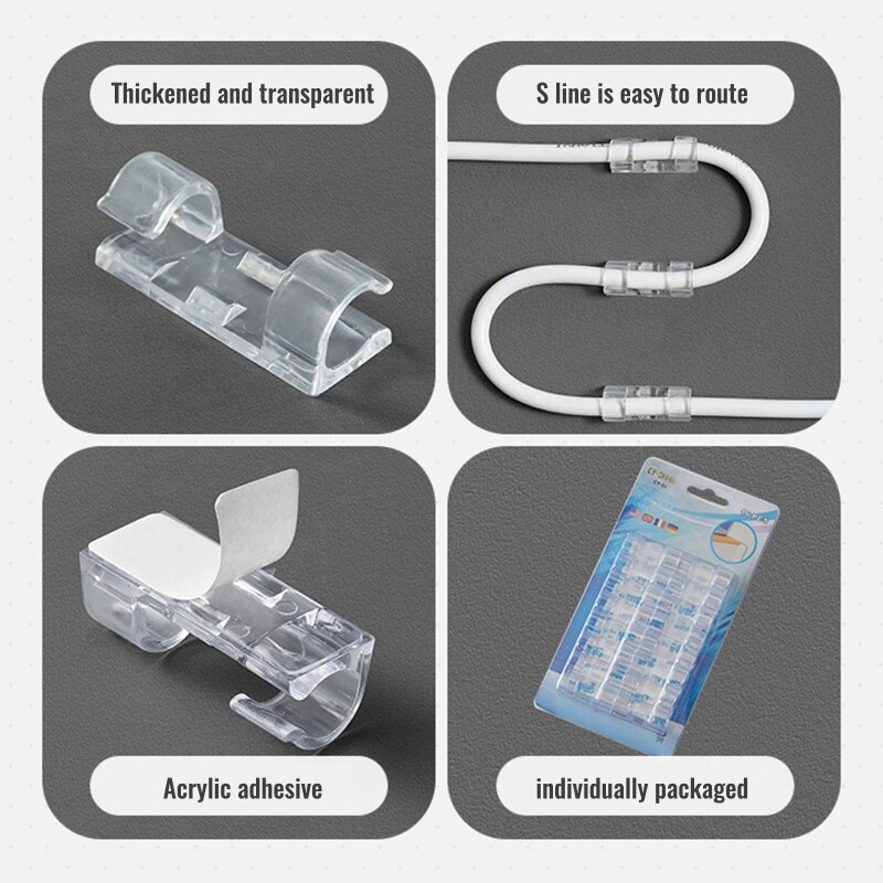 20 Pack Transparent Cable Clips Organizer Wire Holder Cord Management Self-Adhesive Cable Fixed Clamp Easy to Use