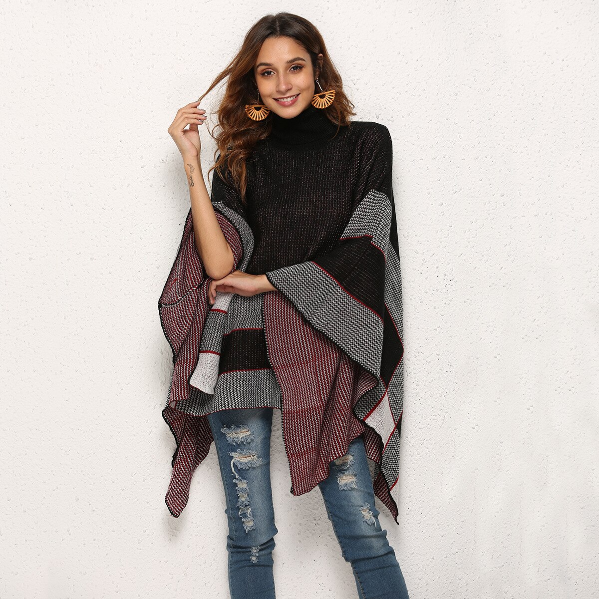 Syksy talvi neulottu villapaita lämmin neule naisten naisten villapaidat neuleet rento villapaita naisten neule neulo viitta raidallinen