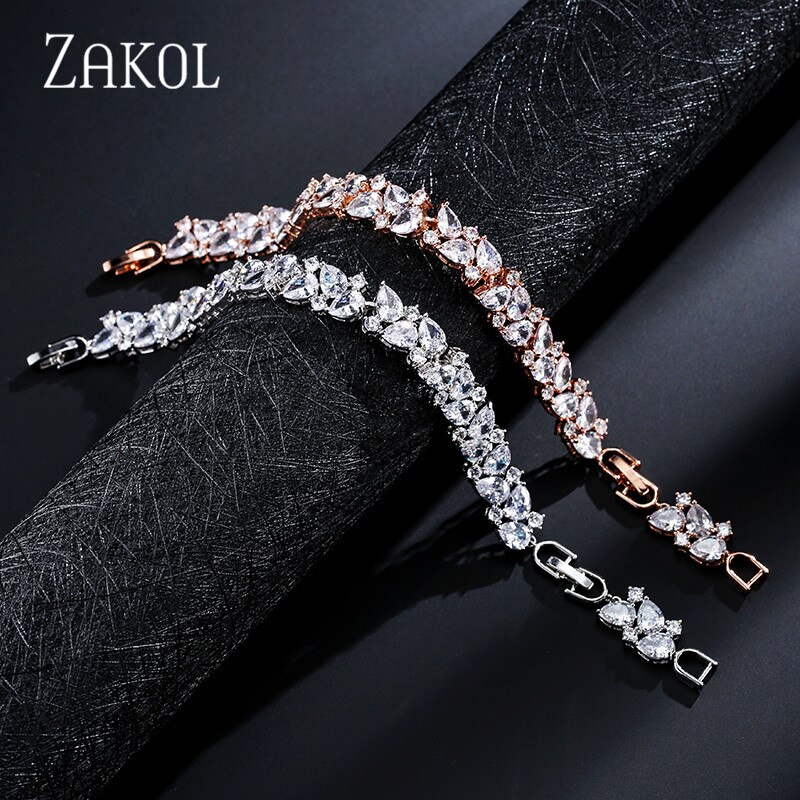 ZAKOL Shiny Cubic Zirconia Women Bracelets Bangles for Brides CZ Leaf Engagement Wedding Jewelry FSBP2104