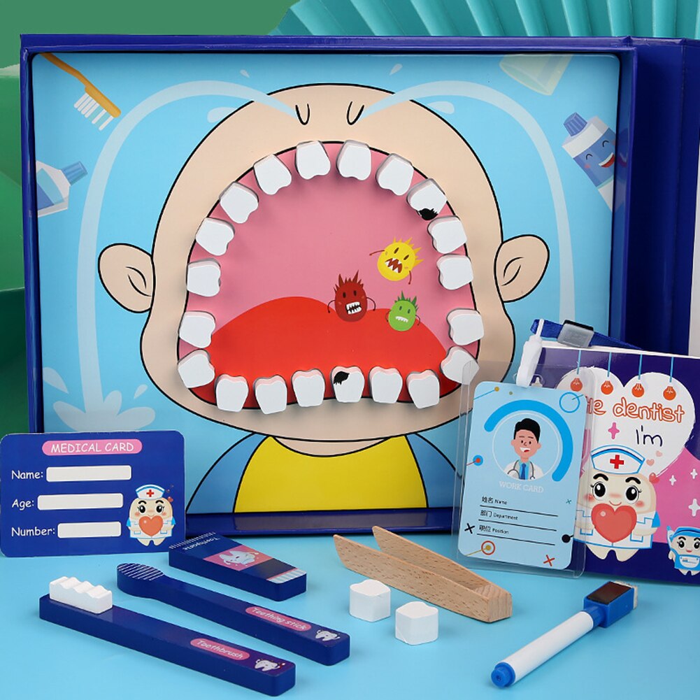 Hout Simulatie Tandarts Set Vroege Onderwijs Pretend Play Dental Puzzel Speelgoed Grappig Tandheelkundige Model Kit Interactief Speelgoed #38