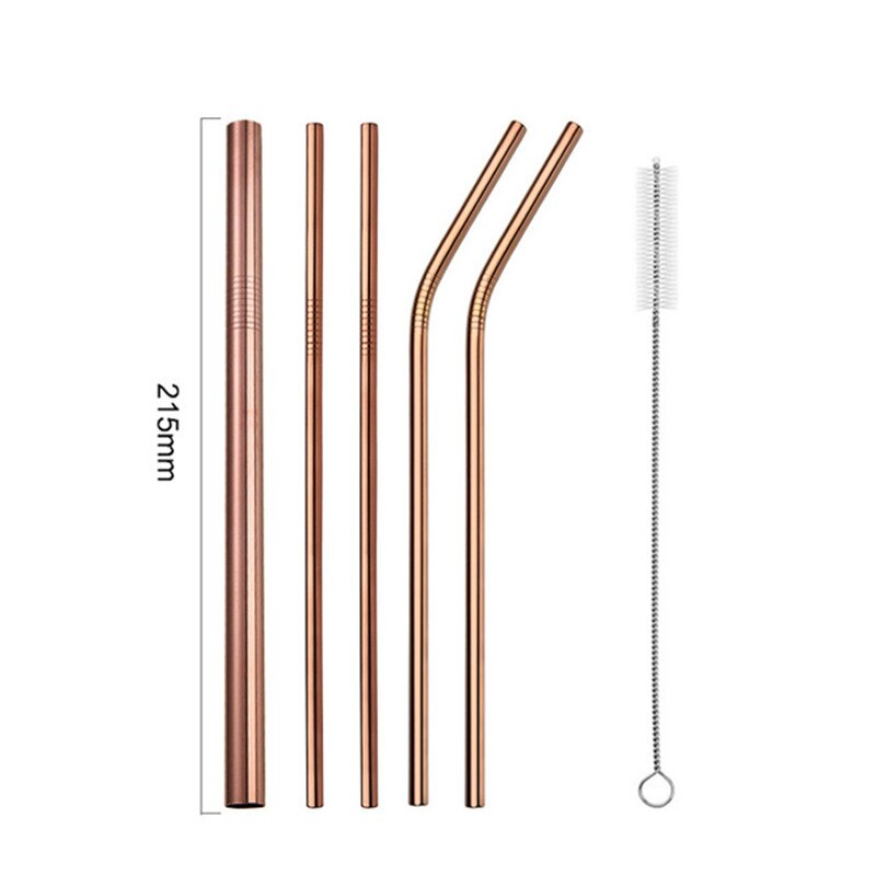 7 Pcs 304 Stainless Steel Reusable Drinking Straw Anti-slip Sturdy Bendy Straight Straw With 2 Cleaner Brushes Bar Accessories: Rose Gold