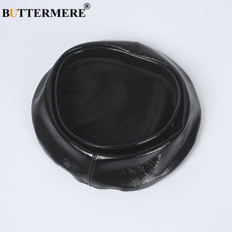 BUTTERMERE Leather Woman Beret Black Vintage French Painter Hats Female Solid Casual Autumn Classic Artist Caps Berets Hat Lady