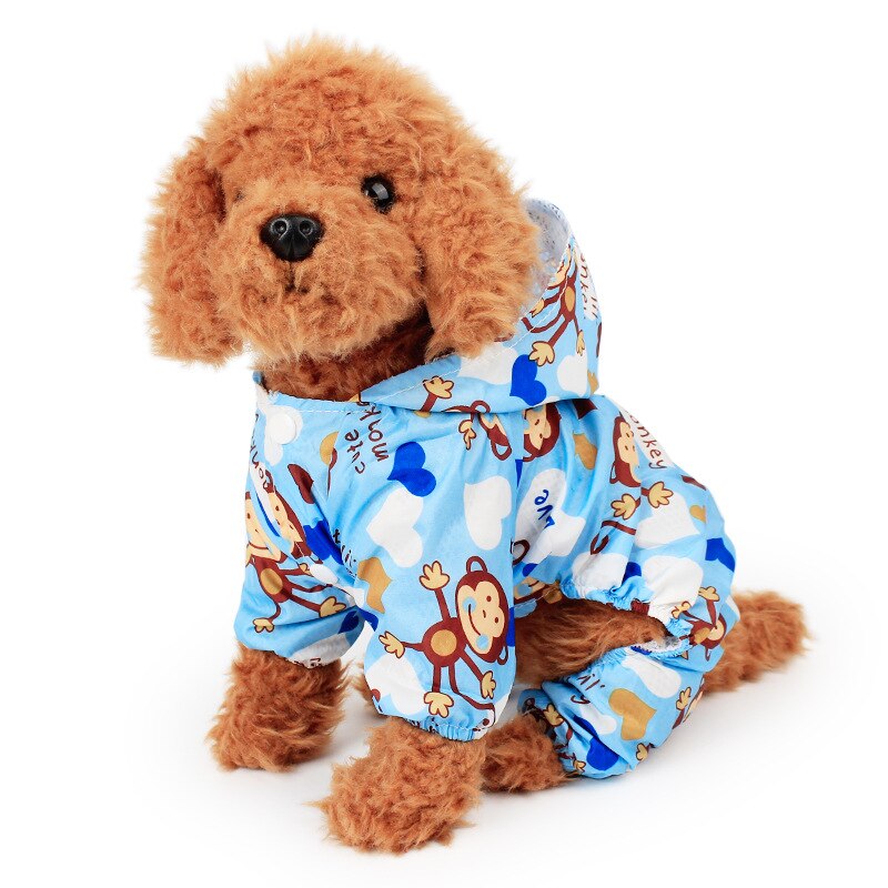 Monkey Printed Dog Raincoat for Small Dogs Waterproof Jumpsuit Puppy Pet Clothes Outdoor Outfits Cartoon Dog Cat Hooded Raincoat: Blue / L