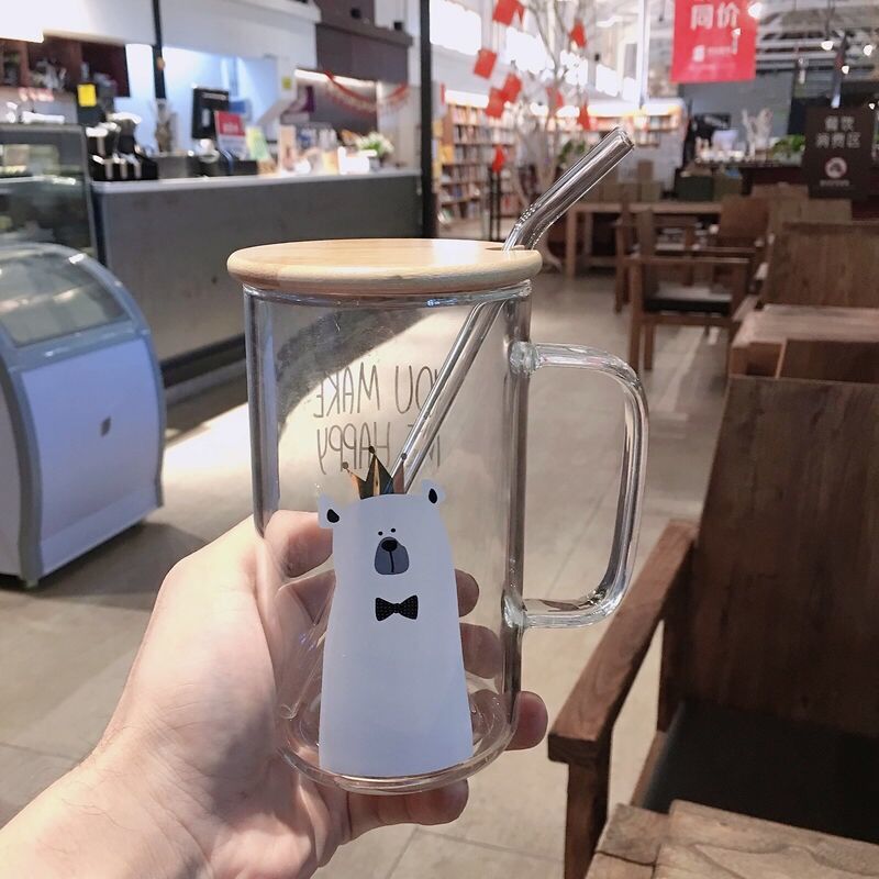 High borosilicate glass Glass Cup Bear Pattern Transparent Glass Bottle Drinking tea cup with Straw with Lid Cute Large Capacity: with cover straw4