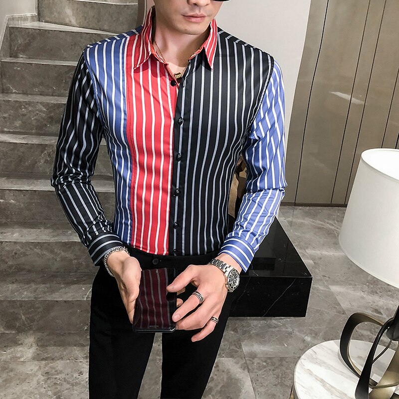 Britisk stil kontorstribede skjorter til mænd efterår langærmet mænd afslappet skjorter slim fit alle match streetwear bluser: Asiatiske  xl 60-65kg