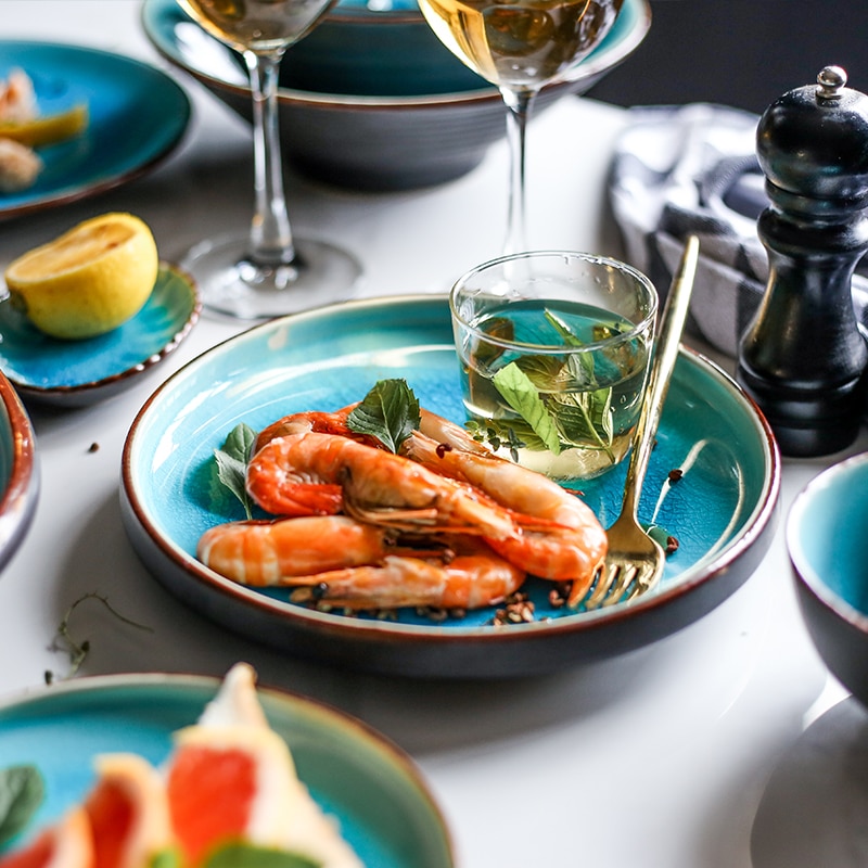 Is krakning glasur keramisk service husholdningsretter ris skåle dampede fisk fade porcelæn blå middagsplader