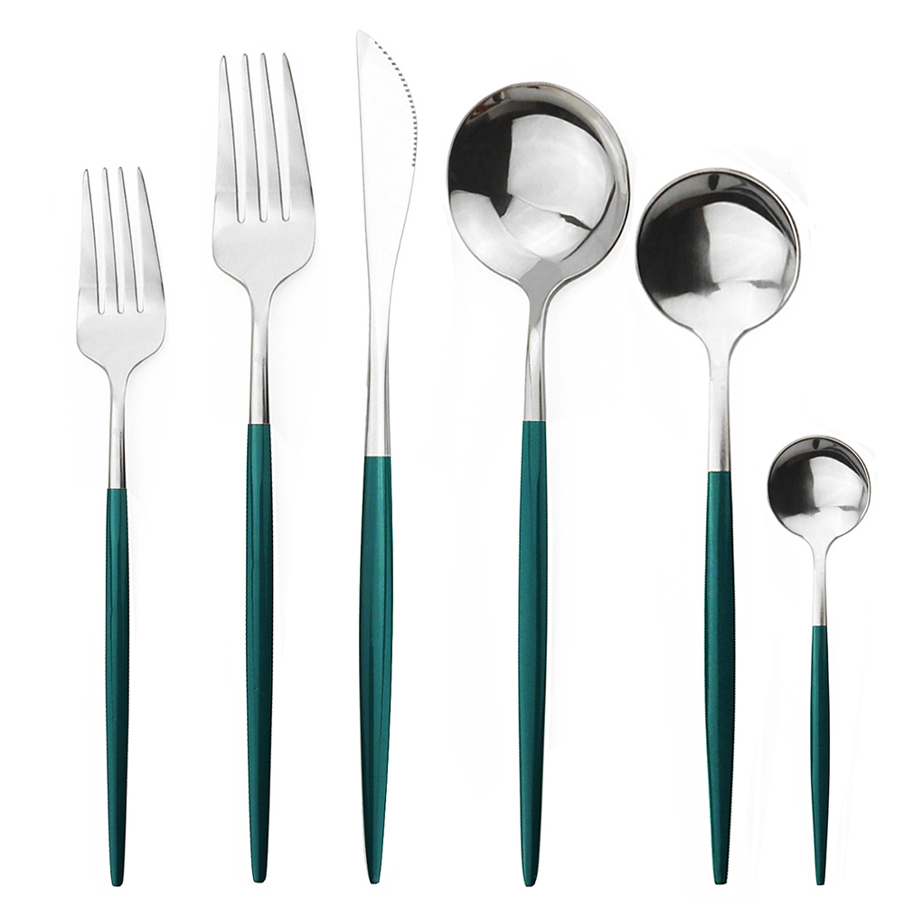 6Pcs Red Flatware Set Knife Fork Spoon Cutlery Set 304 Stainless Steel Dinnerware Set Mirror Green Gold Tableware Set Silverware: Green Silver