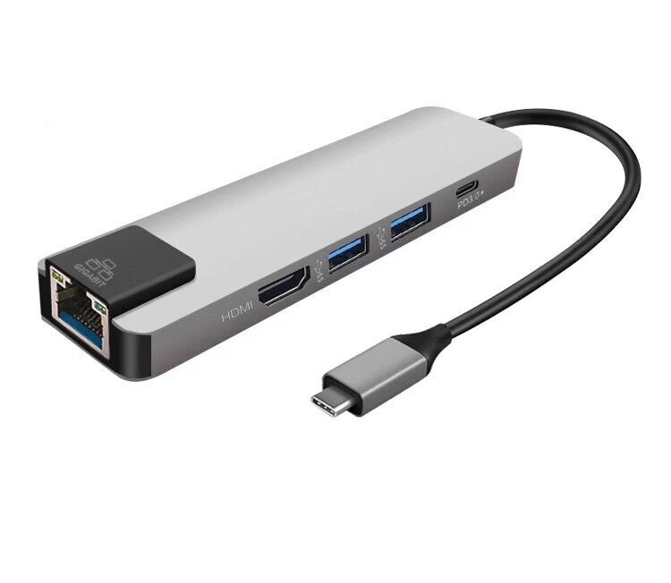 Konwerter typu c na Port gigabit ethernet + koncentrator + hdmi 4k + pd 5- w -1 robić wyświetlania obrazu z projektora tv na komputerze: Srebrny