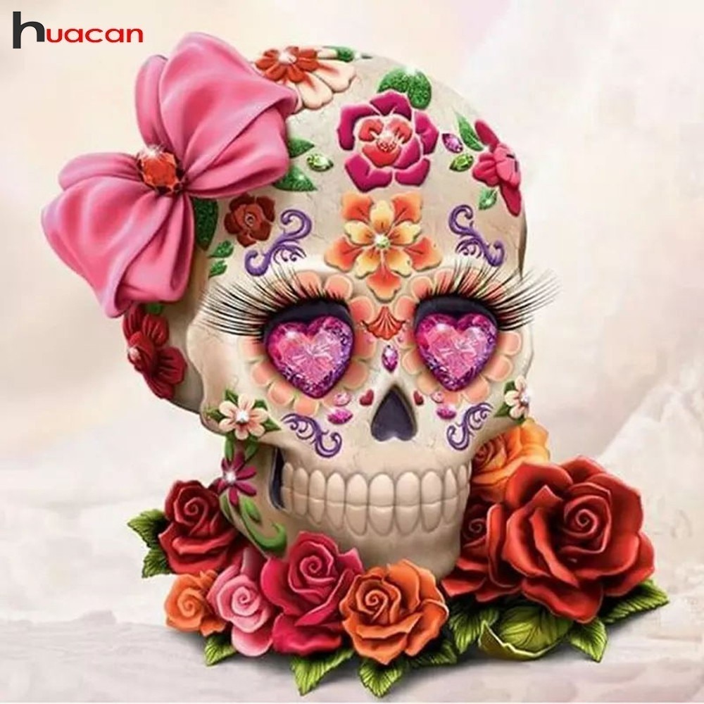 Cuadro de diamantes con de flor de punto de cruz de Huacan, cuadro completo de diamantes de imitación, bordado de Calavera, mosaico para manualidades de decoración