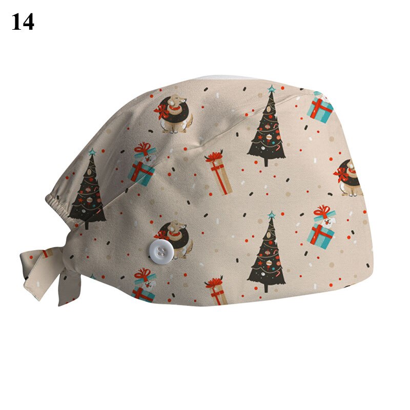 Kerstprint chirurgische muts voor dames heren verpleegstersmuts met knoop zweetabsorberende handdoek doktersmuts scrub muts gesp baotou muts: 14