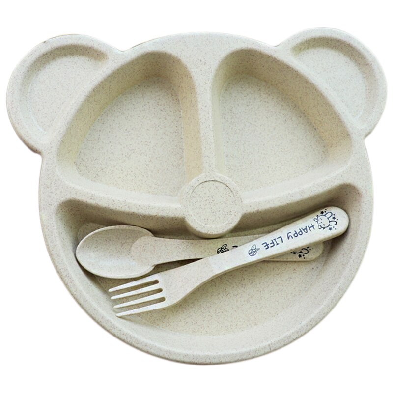 Baby bowl+spoon + fork Feeding Food Tableware Cartoon Panda Kids Dishes Baby Eating Dinnerware Set Anti Training Bowl Spoon: Beige