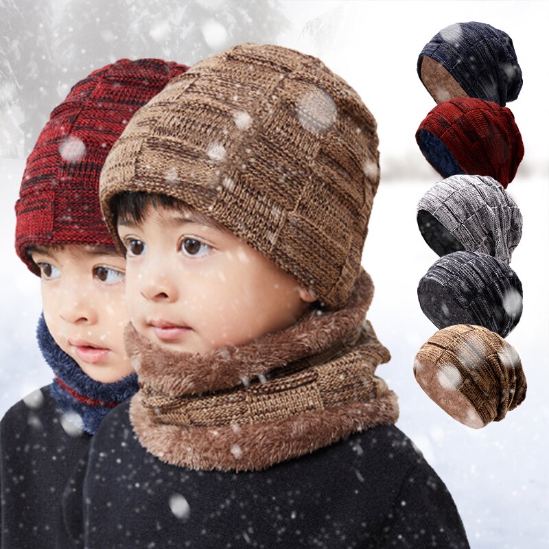 Vinter beanie cap tørklæde sæt varme strik hatte kraniet cap med tyk fleece foret vinter hat & tørklæde til børn børn