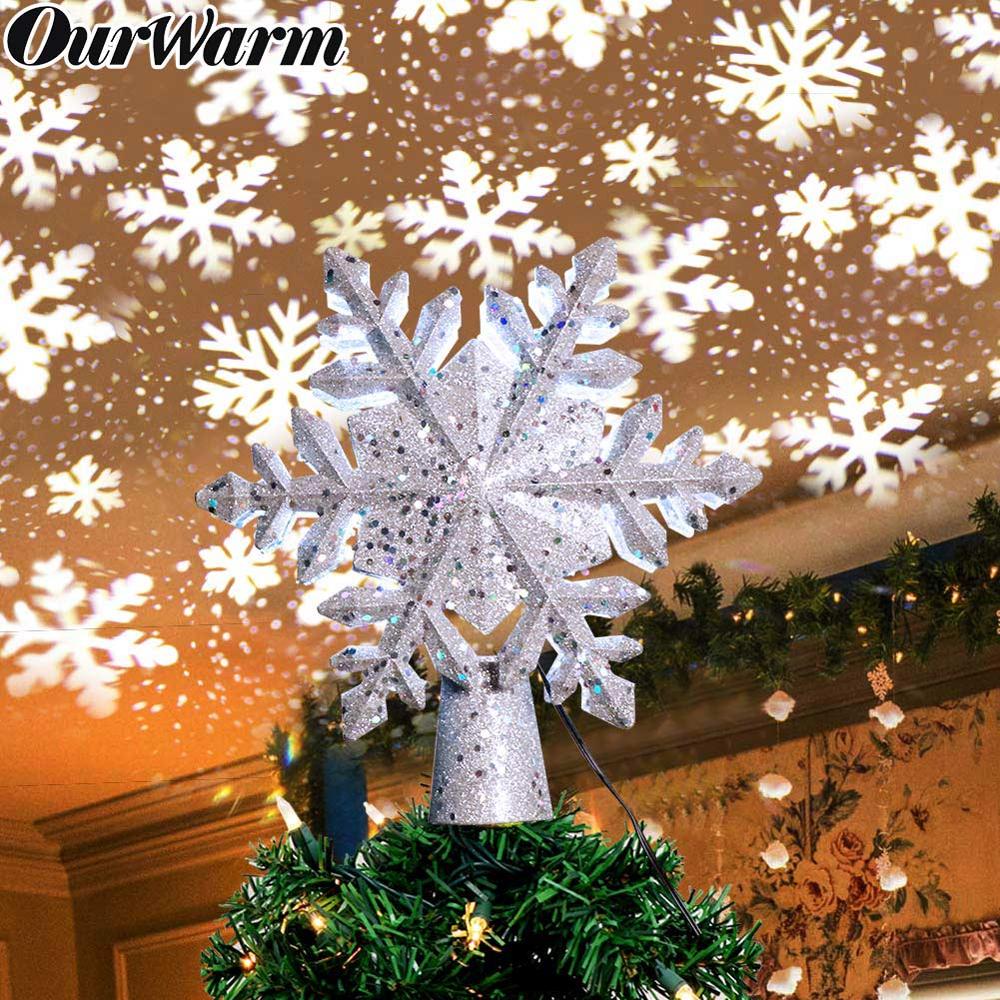 Ourwarm juletræ topper tændt med hvid snefnug projektor roterende 3d glitter tændte julepynt til træ