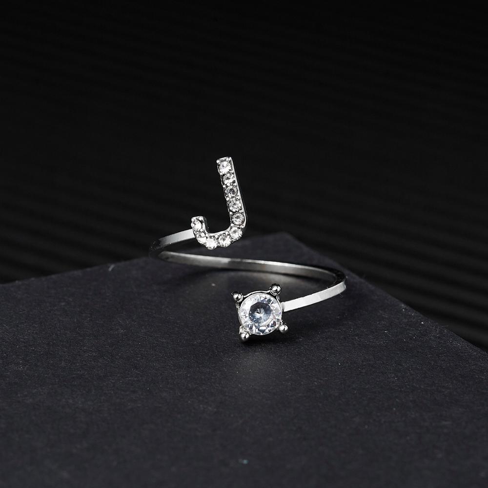 1pcs 26 Engels Letters A-Z Ringen Zilveren Kleur Strass Open Manchet Verstelbare Vinger Ringen Vrienden Paar Sieraden: J