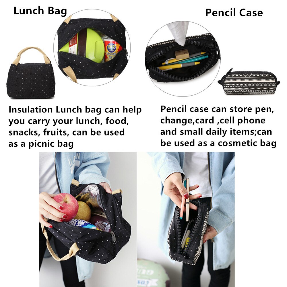 3 in 1 rugzak junior high schooltas canvas stippenprint tienermeisjes lichtgewicht laptoprugzakken met geïsoleerde tas + etui