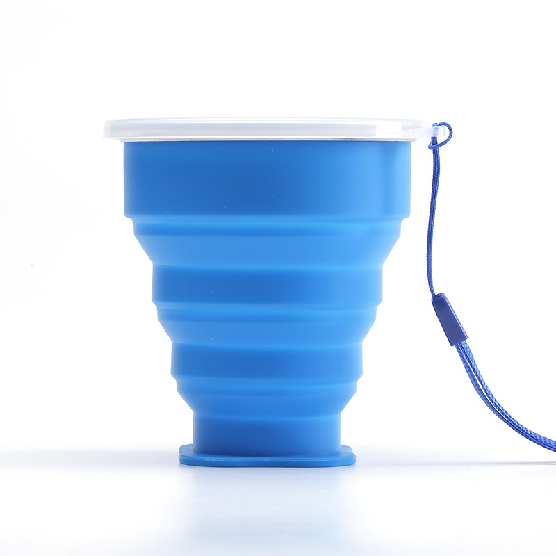 Portable Silicone Foldable Cup With Lanyard Heat Resistant Collapsible Cups Lid Folding Storage Travel Mug For Water coffee: DEEP BLUE