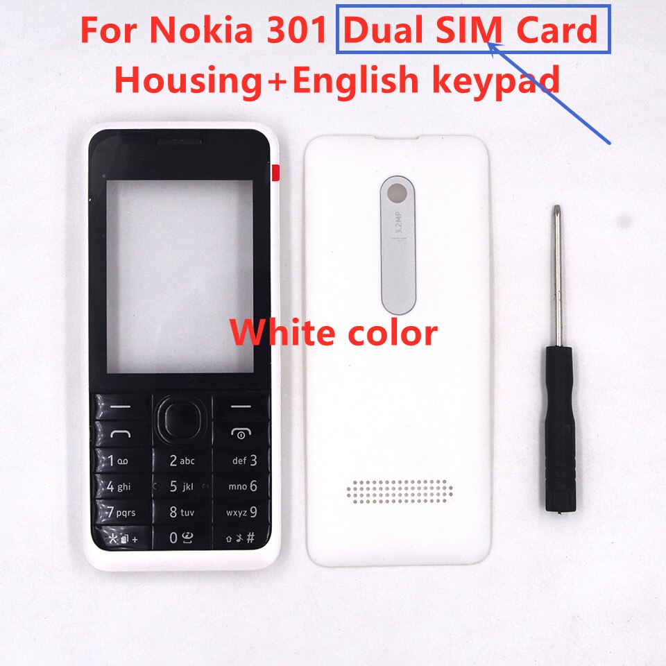HKFASTEL 301 Housing For Nokia 301 Single Dual SIM Card Mobile Phone Cover Case + English Russian Arabic Keypad + Tool: White Dual English