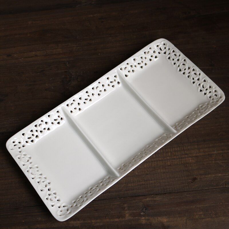 Ceramic Small White Rose Embossed Rectangular Partition Tray/Dessert Tray/ Fruit Tray