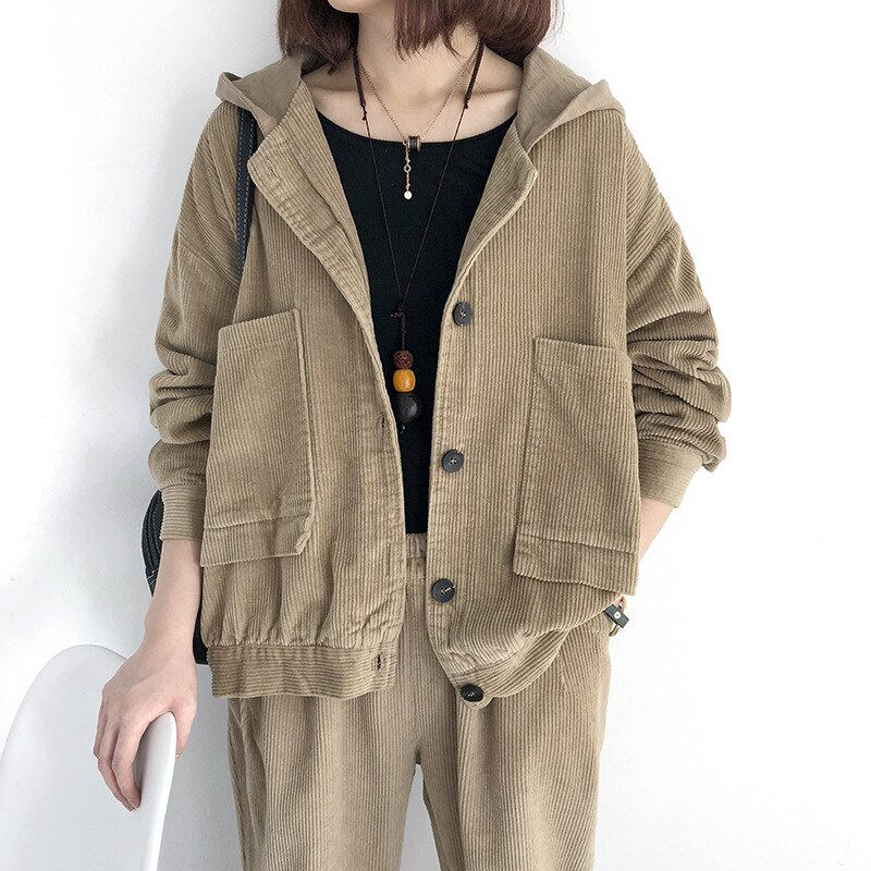 Chaqueta de pana casual suelta para mujer, chaqueta de color sólido de manga larga, abrigo de PANA con capucha, chaqueta de bolsillo de un solo pecho: apricot