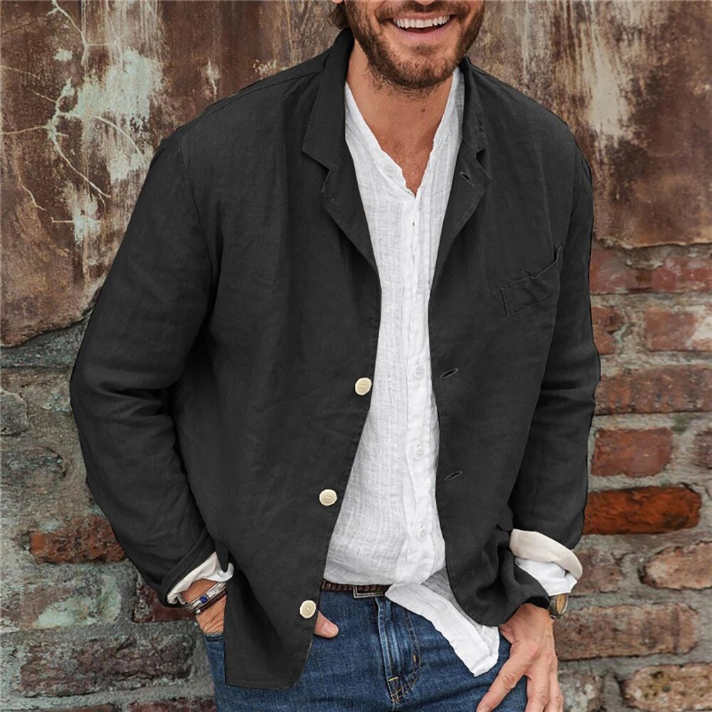 Blazer à manches longues en coton et lin pour homme, veste à simple boutonnage, manteau, vêtements