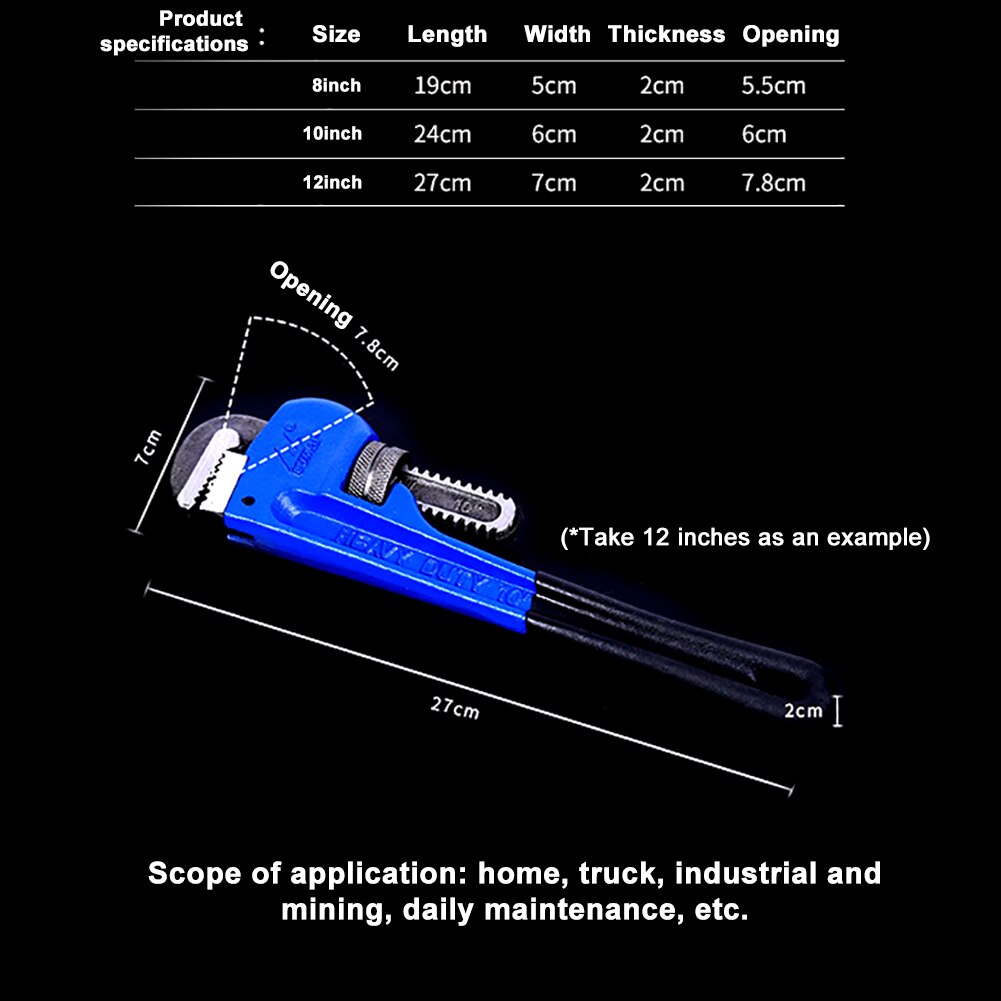 8/10/12inch High Carbon Steel Heavy Duty Plumbing Manual Tools Pipe Clamp Wrench