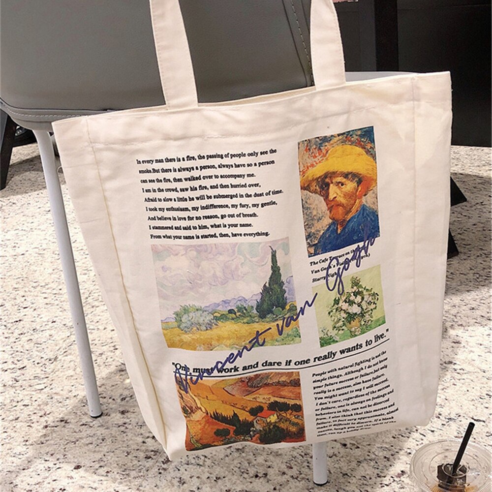 Van Gogh Monet Print Vrouwen Tassen Eenvoudige Milieu Schouder Shopper Handtas Meisjes Rits Wasbaar Canvas Tas Bolsas
