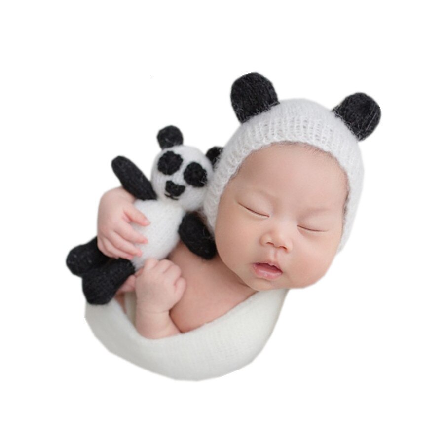 Baby Beanies Mohair Knit Panda Hat Doll Set Baby Props For Photography Born Studio Shooting Set Newborn Photo Fotografia