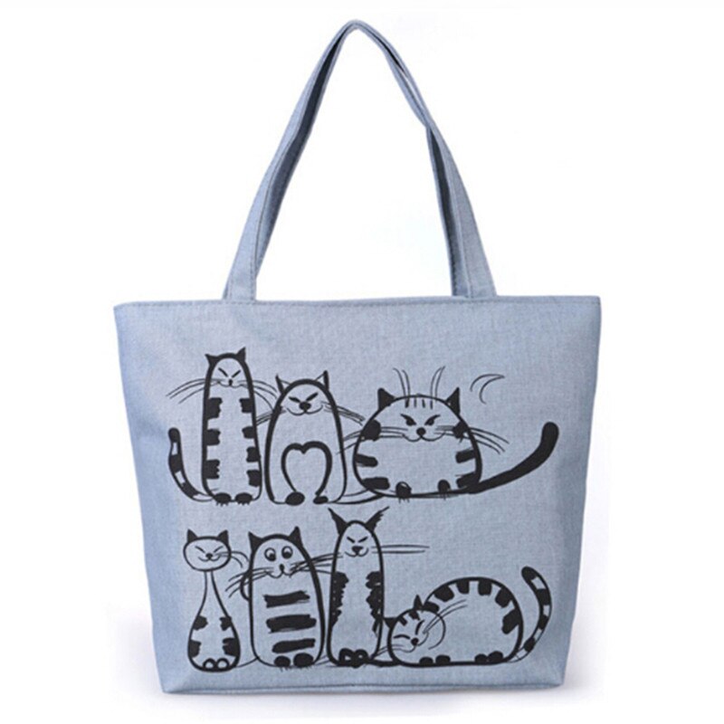 Vrouwen Canvas Boodschappentas Vrouwelijke Grote Capaciteit Dames Strandtas Cartoon Kat Gedrukt Schoudertassen Canvas Tote Shopping Handtassen: Gray warm cat