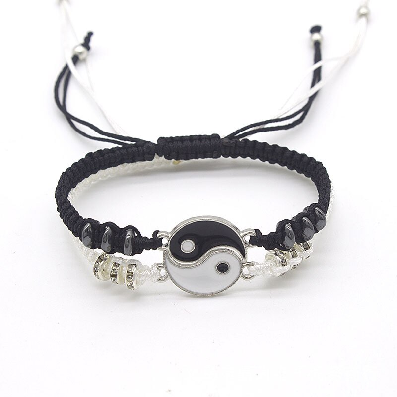 1 Paar Paar Armband Chinese Retro Tai Chi Gossip Verban Pech Hand Geweven Touw Bff Beste Vriend Vriendschap Sieraden: Black-White-silver